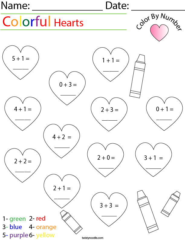 Addition- Color by Number Hearts Math Worksheet - Twisty Noodle